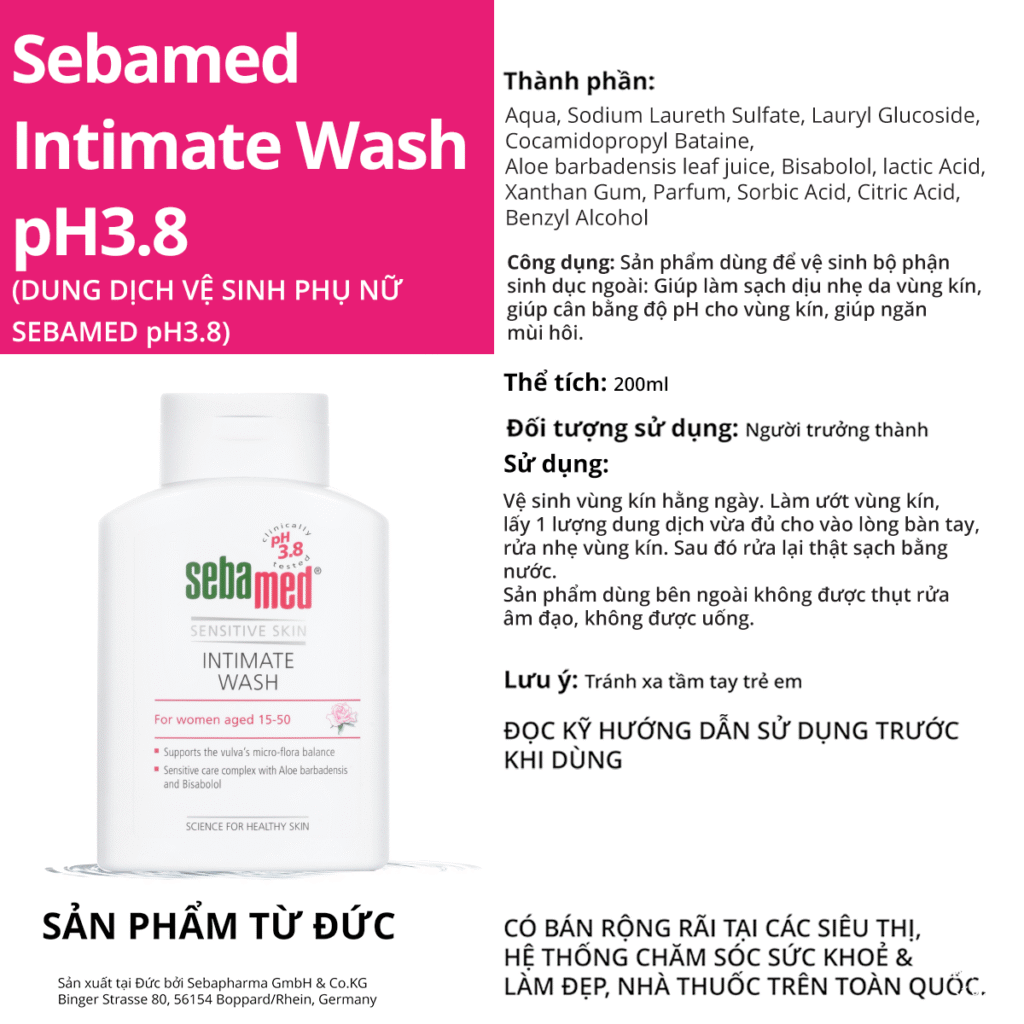 Dung dịch vệ sinh phụ nữ Sebamed pH 3.8 được nhập khẩu 100% từ Đức giúp cân bằng độ pH cho vùng kín, giúp ngăn mùi hôi.