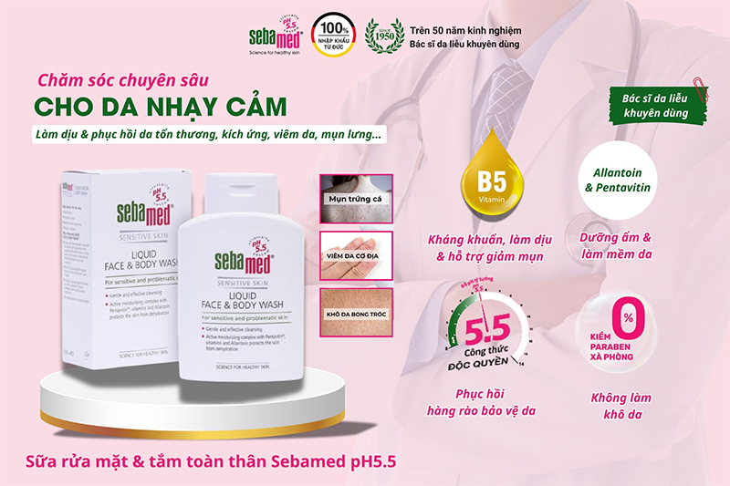 Sữa rửa mặt và sữa tắm toàn thân Sebamed pH 5.5. chăm sóc da nhạy cảm khỏe mạnh tự nhiên.