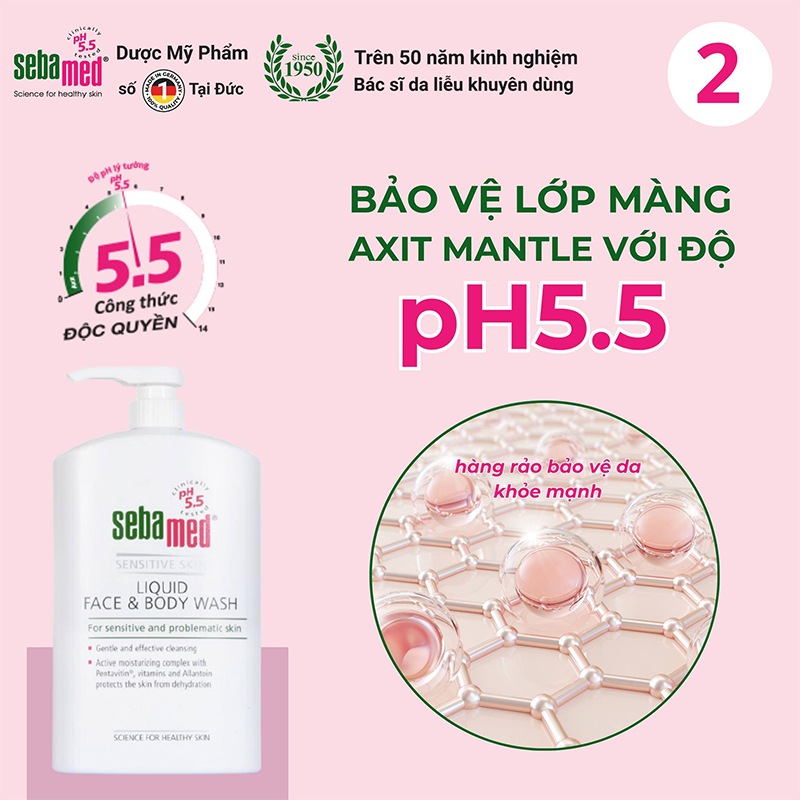 Sữa rửa mặt và sữa tắm toàn thân pH 5.5 bảo vệ lớp màng axit Mantle của da.