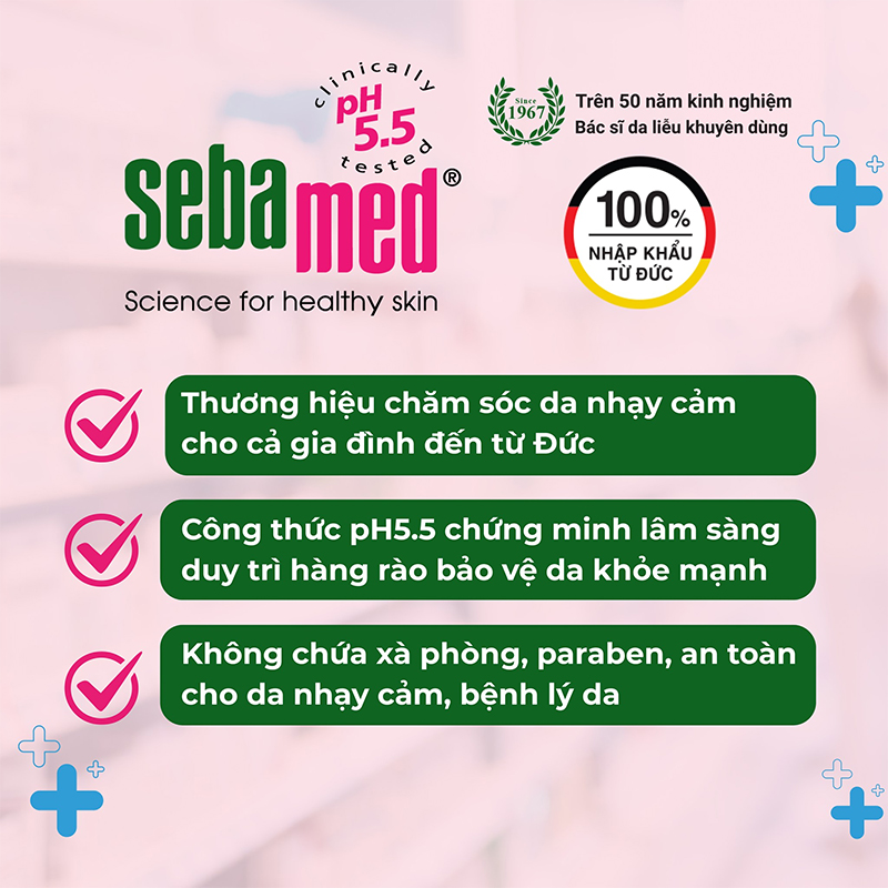 Sữa rửa mặt và tắm toàn thân Sebamed không chứa paraben, không chứa parafin, phù hợp với nhiều loại da, kể cả da kích ứng, nhạy cảm.